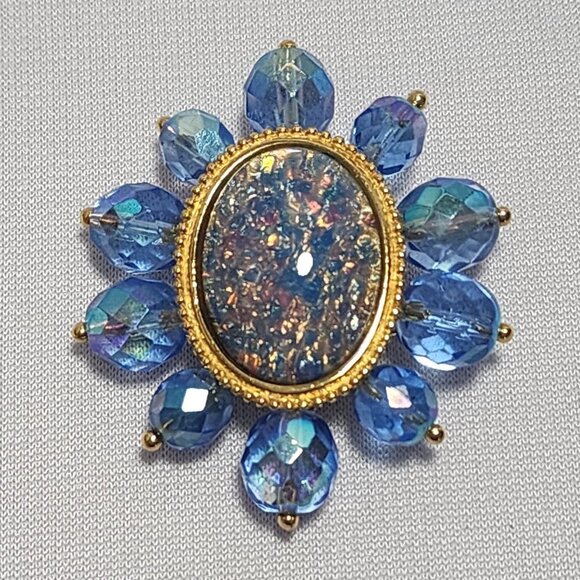 Joan Rivers Blue Foil Confetti Aurora Borealis Faceted Glass
